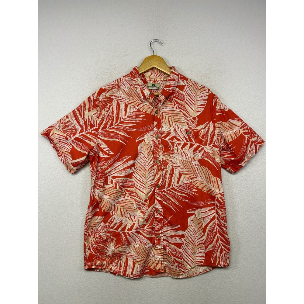 Weatherproof Tropical Palm Leaf Mens Large Orange Short Sleeve Button Down Shirt